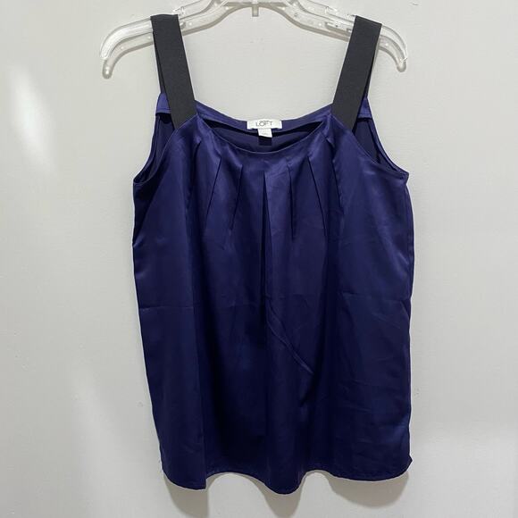LOFT Navy Blue Satin Tank Top SIZE MEDIUM Black Ribbon Straps Pleated Neckline - Picture 2 of 8